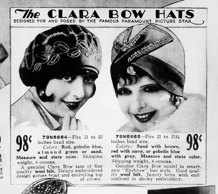 Framed Print : A page from a 1928 Sears Roebuck catalog offering Clara Bow Hats: Designed For and Posed By the Famous Paramount Picture Star, costing 98 cents each