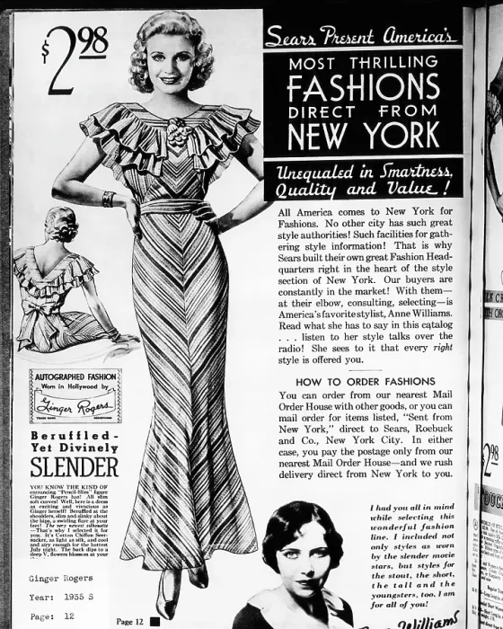 Framed Print : A page from a 1935 Sears Roebuck catalog offering an Autographed Fashion: Worn in Hollywood by Ginger Rogers dress for sale Framed Print : A page from a 1935 Sears Roebuck catalog offering an Autographed Fashion: Worn in Hollywood by Ginger Rogers dress for sale