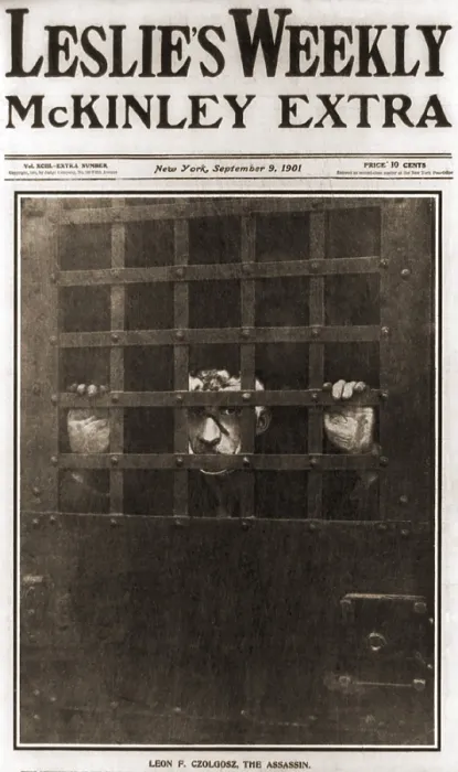 Framed Print : Front Page of LESLIES WEEKLY MCKINLEY EXTRA, depicting Leon F. Czolgosz, the assassin of President William McKinley, behind bars, in jail (BSLOC_2017_15_88)