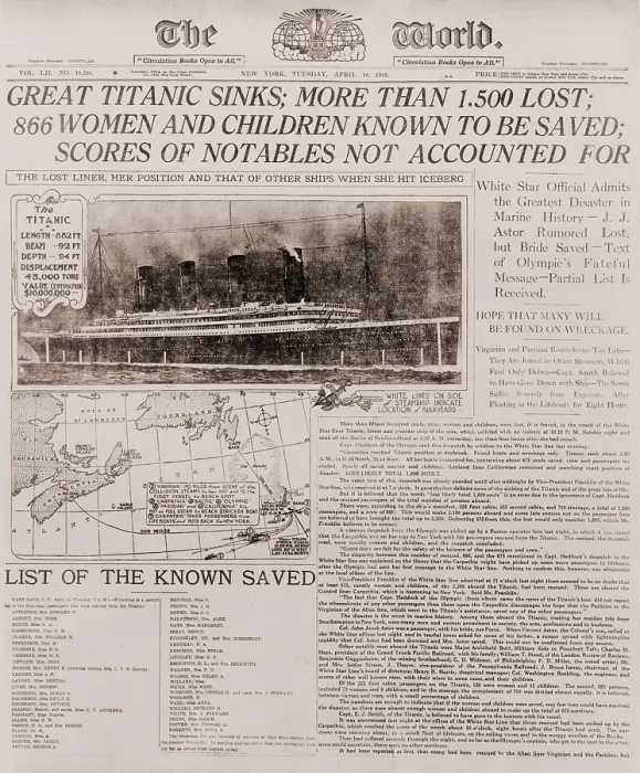 Framed Print : Front page of The New York WORLD of April16, 1912, headlining the sinking of the Titanic