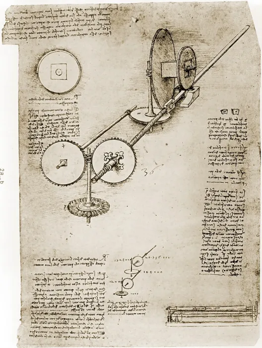 Framed Print : Page from the notebooks of Leonardo da Vinci (1452-1519) showing geared device assembled. Ca. 1500