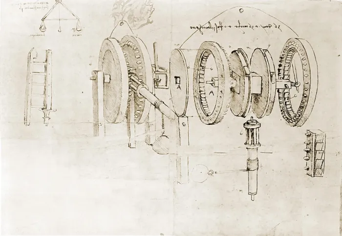 Framed Print : Page from the notebooks of Leonardo da Vinci (1452-1519) showing a geared device disassembled. Ca. 1500