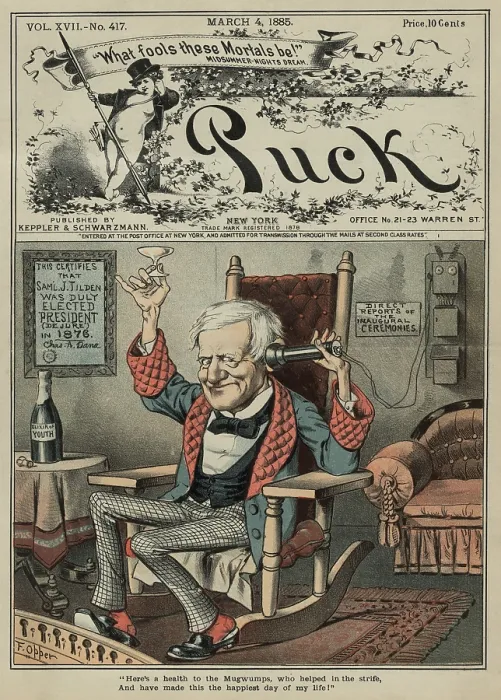 Framed Print : Front page of PUCK, March 4, 1885, shows Samuel Tilden sitting raising a glass and holding a telephone receiver to his ear