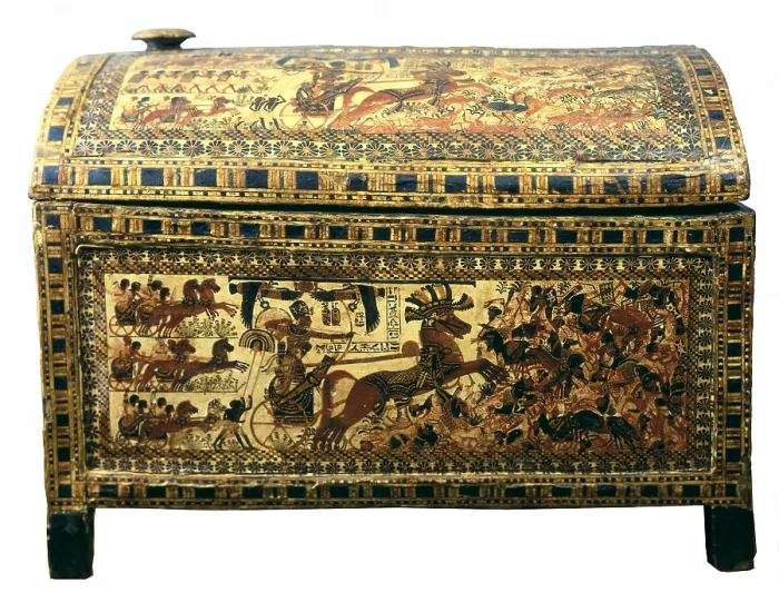 Framed Print : Painted chest depicting a king on his chariot attacking an enemy. ca. 1340 BC. Found at the Treasure of Tutankhamun. Painted wood. Small chest for sandals. Egyptian art