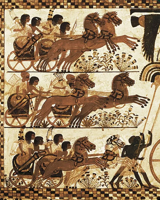 Framed Print : Painted chest depicting a king on his chariot attacking an enemy. ca. 1340 BC. Left detail, the army of the Pharaoh. Found at the Treasure of Tutankhamun. Painted wood