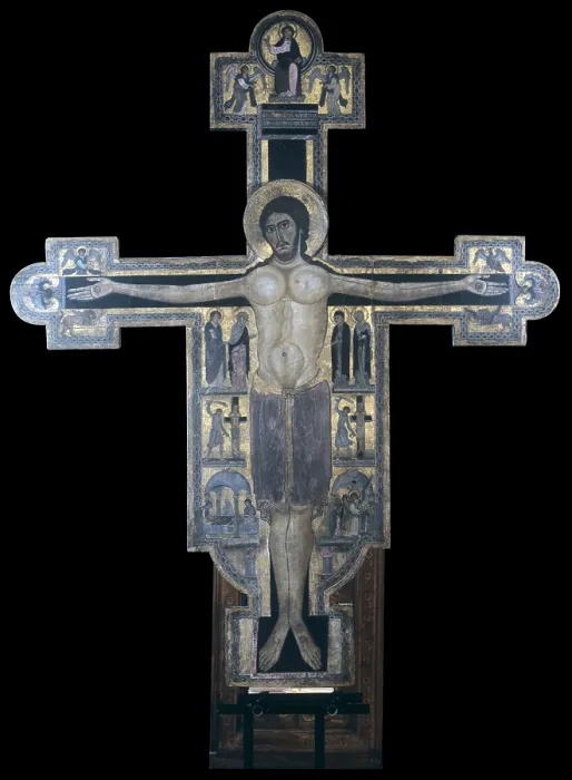 Framed Print : Painted Cross, School of Lucca, 12th Century, tempera on board, 220 x 179 x 5 cm - Italy, Tuscany, Lucca, National Museum of Villa Guinigi. Whole artwork view