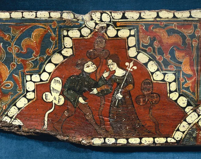 Framed Print : Painted woods from Curiel De Los Ajos Palace. 1386 - 1412. Detail of a polychrome beam with love scene