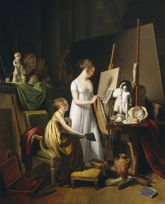 Framed Print : A Painter's Studio, by Louis-Leopold Boilly, 1800, French painting, oil on canvas. Domestic scene of a mother and child in art's studio (BSLOC_2016_6_179)