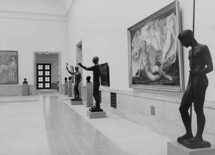 Framed Print : Paintings and sculpture in a gallery at the Haus der Deutschen Kunst, Munich, Germany. In this exhibit, the Nazi Party promoted a stilted academic classicism Framed Print : Paintings and sculpture in a gallery at the Haus der Deutschen Kunst, Munich, Germany. In this exhibit, the Nazi Party promoted a stilted academic classicism