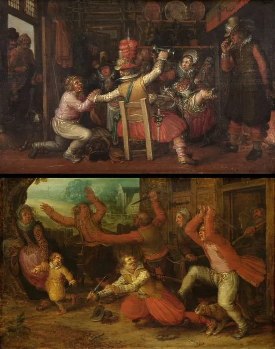 Framed Print : Pair of humorous paintings, The Peasant's Sorrow, and The Peasant's Joy, by workshop of David Vinckboons, after 1619, Dutch oil painting