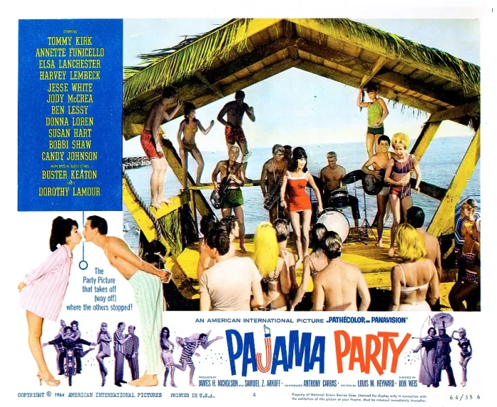 Framed Print : PAJAMA PARTY, (Annette Funicello, Tommy Kirk (on lower left, kissing), The Nooney Rickett 4 (band), Donna Loren (red strapless bathing suit), Candy Johnson (far right, dancing) Framed Print : PAJAMA PARTY, (Annette Funicello, Tommy Kirk (on lower left, kissing), The Nooney Rickett 4 (band), Donna Loren (red strapless bathing suit), Candy Johnson (far right, dancing)