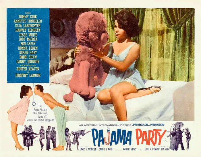 Framed Print : PAJAMA PARTY, center: Annette Funicello; kissing, from left to right: Annette Funicello, Tommy Kirk; bottom left: Harvey Lembeck (man on motorcycle)