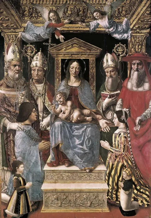Framed Print : PALA SFORZESCA, Master of the (15th c.). Pala Sforzesca. 1496. Madonna and Child, enthroned with the Doctors of the Church and the family of Ludovico il Moro. Renaissance art