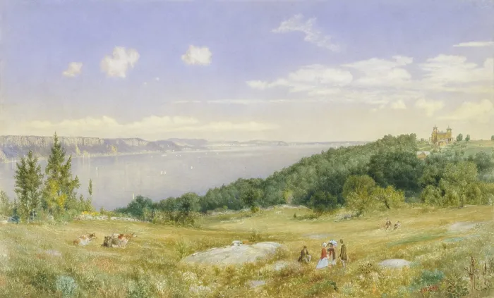 Framed Print : THE PALISADES, by John William Hill, 1870, American watercolor painting. This watercolor is painted from Yonkers, looking north with William S Framed Print : THE PALISADES, by John William Hill, 1870, American watercolor painting. This watercolor is painted from Yonkers, looking north with William S