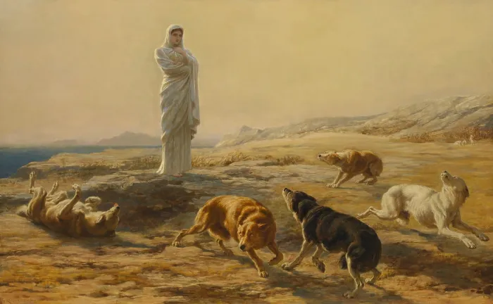 Framed Print : PALLAS ATHENA AND THE HERDSMANS DOGS, by Briton Riviere, 1876, British painting, oil on canvas. Riviere was one of the 19th centurys great animal painters