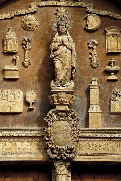 Framed Print : Palma de Majora Cathedral. ca. 1230-1613. SPAIN. Palma de Mallorca. Cathedral of St. Mary. Door of the Almudainawork by Miquel Verger (1592-1601). Tympanum with Virgin Mary