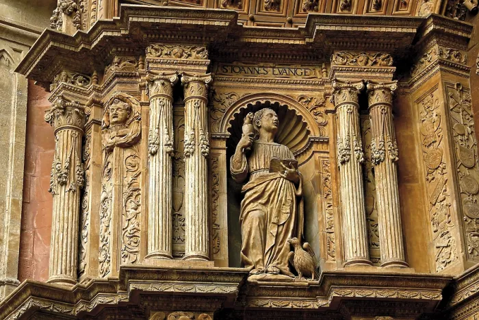 Framed Print : Palma de Majora Cathedral. ca. 1230-1613. SPAIN. Palma de Mallorca. Cathedral of St. Mary. Door of the Almudainawork by Miquel Verger (1592-1601). Saint John The Apostle