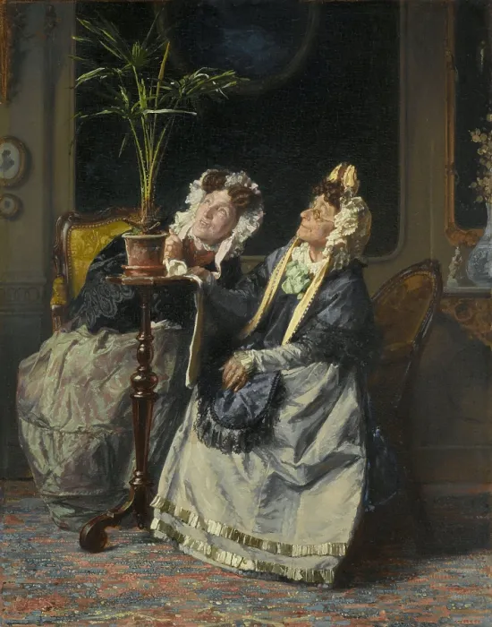 Framed Print : Under the Palms, by Alexander Hugo Bakker Korff, 1880, Dutch painting, oil on panel. Two old ladies looking up to admire their potted palm plant on a table (BSLOC_2016_2_96)
