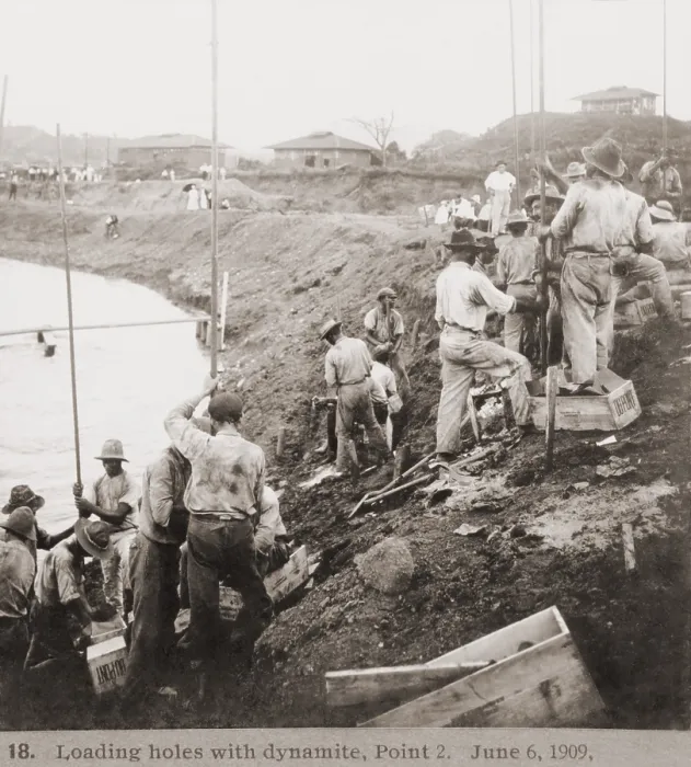 Framed Print : Panama Canal construction showing workers loading holes with dynamite, at Point 2 on June 6, 1909