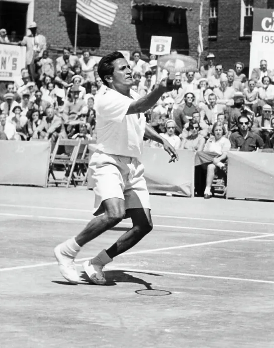 Framed Print : Pancho (Francisco) Segura, playing against Jack Kramer, in the US Professional Tennis Championship, 6 / 14 / 1950. Courtesy: CSU Archives / Everett Collection