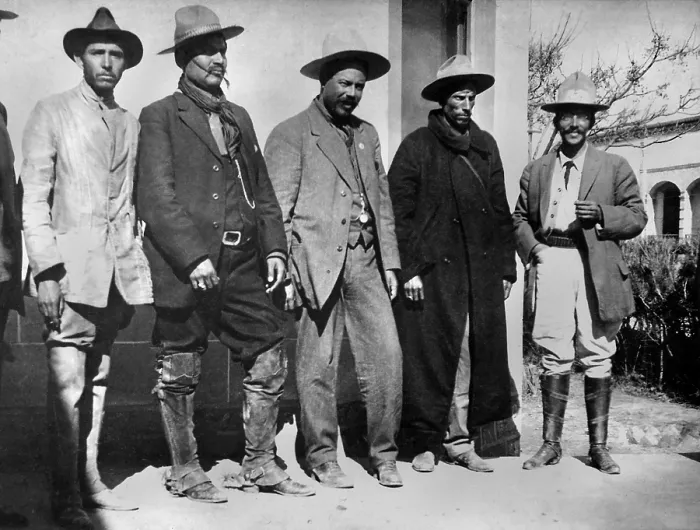 Framed Print : Pancho Villa, Commander of northern Mexican Revolutionary forces, c. 1913, and his generals. L-R: unidentified; Gen. Rodolfo Fierro; Gen. Villa; Gen. Toribio Ortega; Col