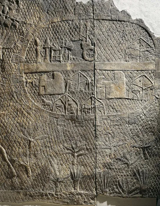 Framed Print : Detail of a panel. Depiction of a peasant's estate in a palmar grove. Assyrian art. Relief on rock. UNITED KINGDOM. London. The British Museum. Proc: IRAQ. Kuyunjik. Nineveh
