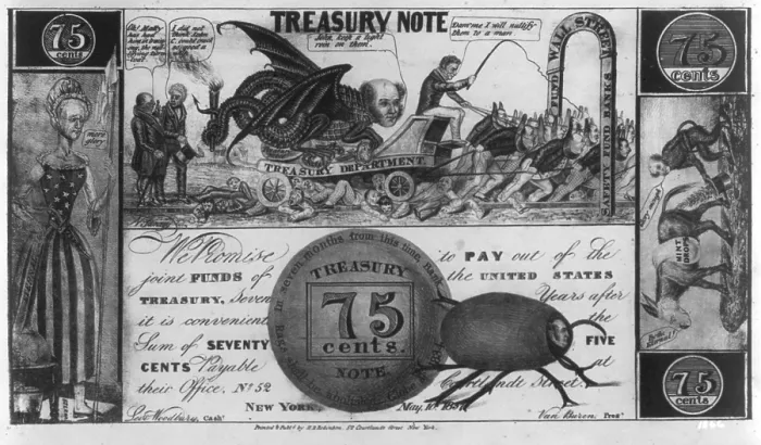 Framed Print : The Panic of 1837. Political cartoon mocking temporary bank notes. 1837