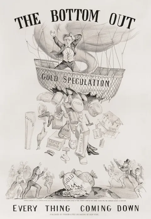 Framed Print : Panic of 1869. Political cartoon shows Everything Coming Down by Currier & Ives