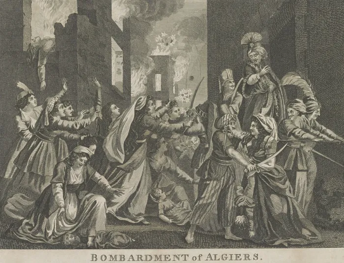 Framed Print : Panic, fighting, and death in the streets of Algiers during bombardment by Spanish and allied warships from Portugal, Malta, and Naples, c. 1783-84