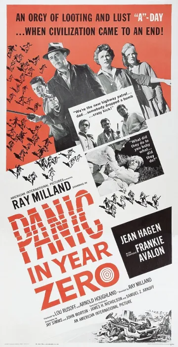 Framed Print : PANIC IN YEAR ZERO!, top l-r: Frankie Avalon, Ray Milland, Jean Hagen, Mary Mitchel, bottom l-r: Jean Hagen, Mary Mitchel, poster art, 1962