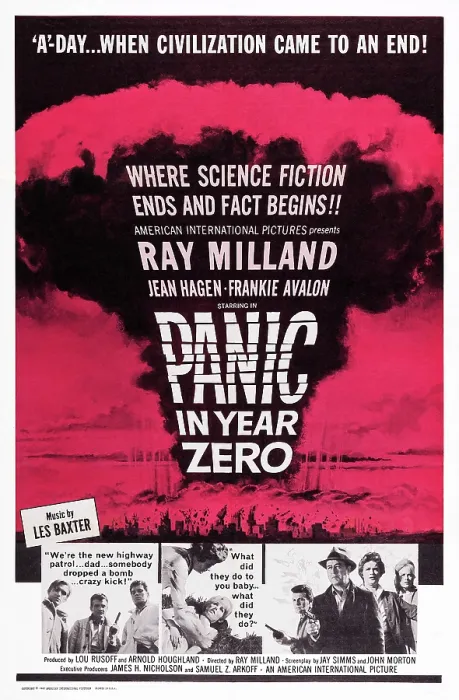 Framed Print : PANIC IN YEAR ZERO!, US poster art, bottom center: Jean Hagen, left: Frankie Avalon, Ray Milland, 1962