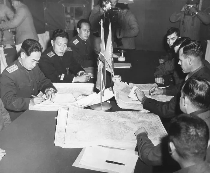 Framed Print : Panmunjom cease fire talks in Oct. 11, 1951. North Korean Col. Chang Chun San and U.S. Col