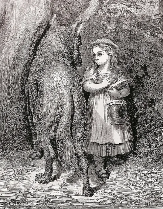 Framed Print : PANNEMAKER, Stephan (1847-1830); Dore, Gustave (1832-1883). Little Red Riding Hood. 1882. Illustration of Charles Perrault's tale 'Little Red Riding Hood' Framed Print : PANNEMAKER, Stephan (1847-1830); Dore, Gustave (1832-1883). Little Red Riding Hood. 1882. Illustration of Charles Perrault's tale 'Little Red Riding Hood'