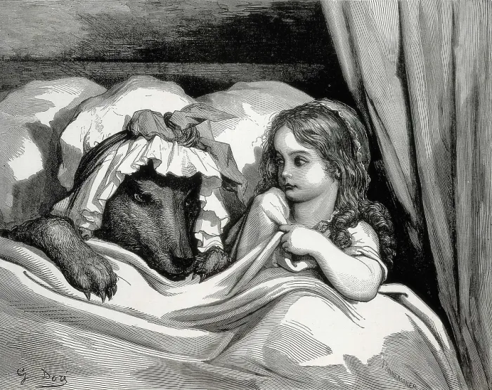 Framed Print : PANNEMAKER, Stephan (1847-1830); Dore, Gustave (1832-1883). Little Red Riding Hood. 1882. Illustration of Charles Perrault's tale 'Little Red Riding Hood' Framed Print : PANNEMAKER, Stephan (1847-1830); Dore, Gustave (1832-1883). Little Red Riding Hood. 1882. Illustration of Charles Perrault's tale 'Little Red Riding Hood'