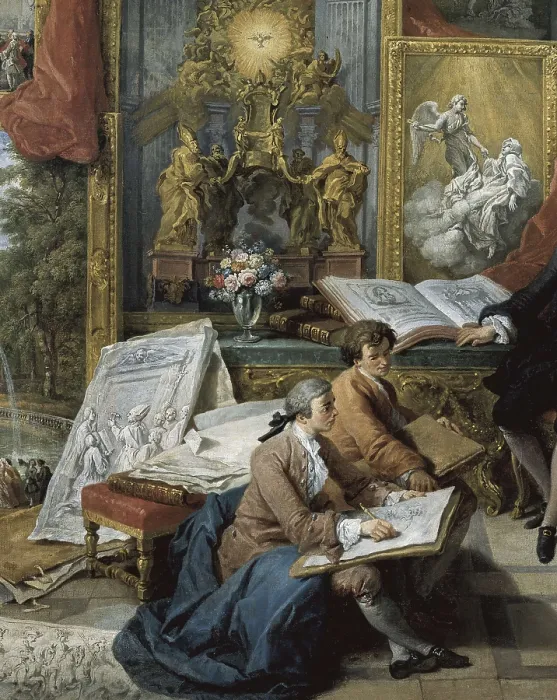 Framed Print : PANNINI, Giovanni Paolo (1691-1765). Gallery with Views of Modern Rome. 1759. Central lower detail of the draftsmen. Neoclassicism. Oil on canvas. FRANCE. Paris. Louvre Museum