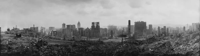 Framed Print : Panoramic view from Nob Hill of San Francisco in ruins after the April 18, 1906 earthquake and fire (BSLOC_2017_17_21)
