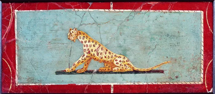 Framed Print : Panther, by unknown artist, 1-37, 1st Century A.D. ripped fresco, 21 x 47 cm - Italy, Campania, Naples, National Archaeological Museum, Room LXVIII, inv. 8649 Framed Print : Panther, by unknown artist, 1-37, 1st Century A.D. ripped fresco, 21 x 47 cm - Italy, Campania, Naples, National Archaeological Museum, Room LXVIII, inv. 8649