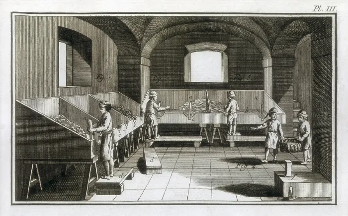 Framed Print : Paper factory. Paper cutting. Lllustration from 'Encyclopedia' (1751), directed by D'Alembert and Diderot. Engraving