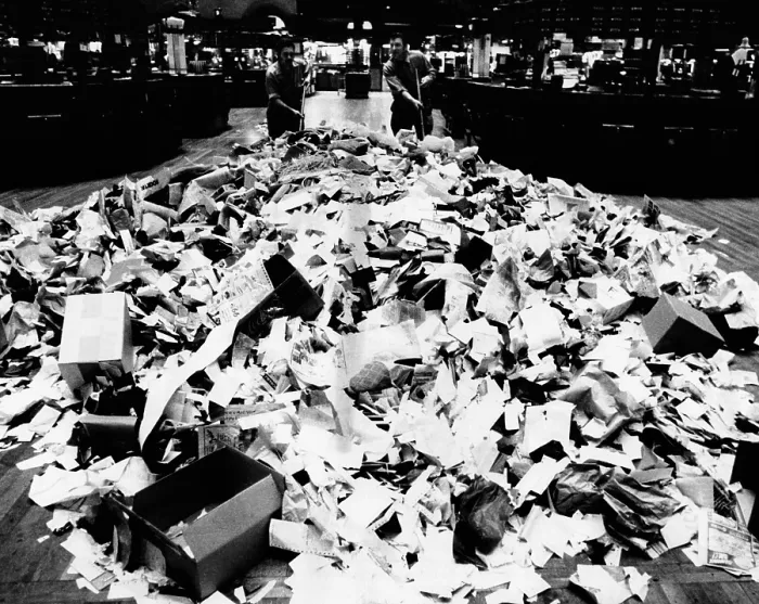 Framed Print : Paper refuse after heavy trading on the New York Stock Exchange on Oct. 10, 1974. The day saw its best monthly gain since Gerald Ford became president on August 9, 1974 Framed Print : Paper refuse after heavy trading on the New York Stock Exchange on Oct. 10, 1974. The day saw its best monthly gain since Gerald Ford became president on August 9, 1974