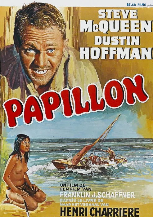 Framed Print : PAPILLON, top: Steve McQueen, bottom: Ratna Assan on Belgian poster art, 1973 Framed Print : PAPILLON, top: Steve McQueen, bottom: Ratna Assan on Belgian poster art, 1973