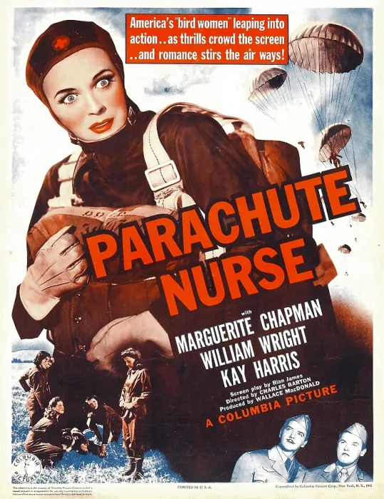 Framed Print : PARACHUTE NURSE, Marguerite Chapman on window card, 1942
