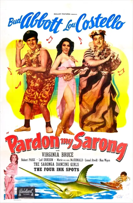 Framed Print : PARDON MY SARONG, US poster, top from left: Bud Abbott, Nan Wynn, Lou Costello, bottom left: Virginia Bruce, 1942