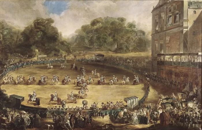 Framed Print : PARET y ALCAZAR, Luis (1746-1798). The Royal Parade. ca. 1773. Equestrian parade held at Aranjuez during the spring of 1773. Baroque art. Oil on canvas. SPAIN. Madrid