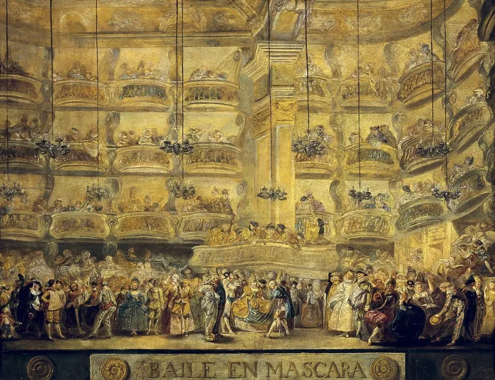 Framed Print : PARET y ALCAZAR, Luis (1746-1798). Dance in mask. 1766. Held in the Teatro del Principe, at Madrid. Baroque art. Oil on canvas. SPAIN. Madrid. Prado Museum
