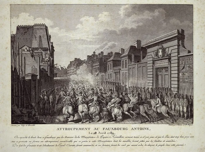 Framed Print : Paris (April 24th1789). The cavalry charges against the workers of the paper factory Rveillon in Faubourg Saint Antoine. Etching. FRANCE. Paris