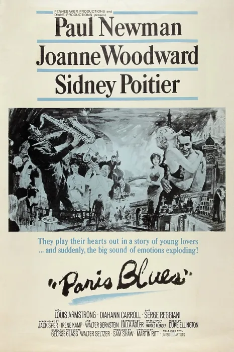 Framed Print : PARIS BLUES, US poster art, right, embracing: Joanne Woodward Paul Newman; Sidney Poitier (saxophone), Louis Armstrong (trumpet), 1961