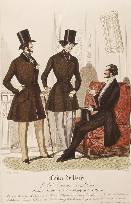 Framed Print : Paris fashion (Modes de Paris). Men suits. Illustration from 'Petit courrier des dames' (1840). Engraving. SPAIN. Madrid. National Library
