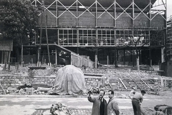 Framed Print : Paris International Exhibition (1937). Building of the Spanish Pavilion. The architects Josep Llus Sert (right) and Luis Lacasa in front the faade on 23rd May