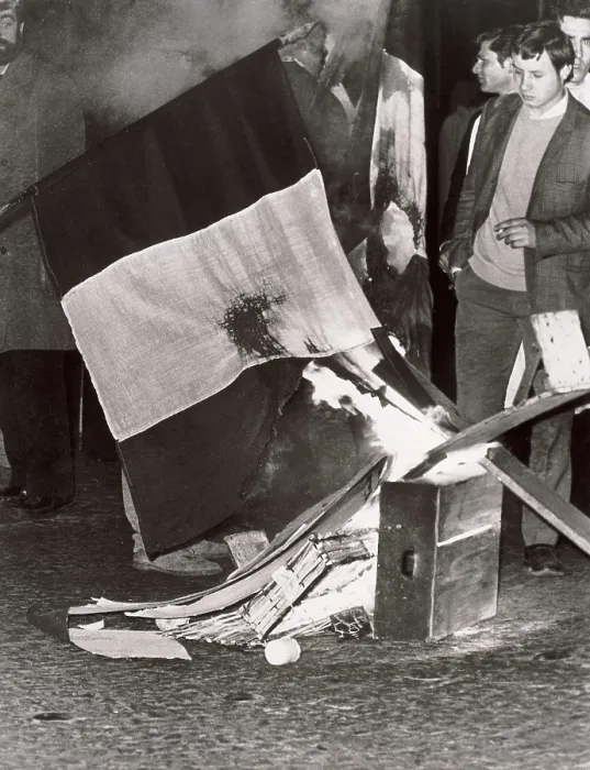 Framed Print : Paris. May 1968. Students burning a French banner. AISA / Everett Collection**US SALES ONLY**