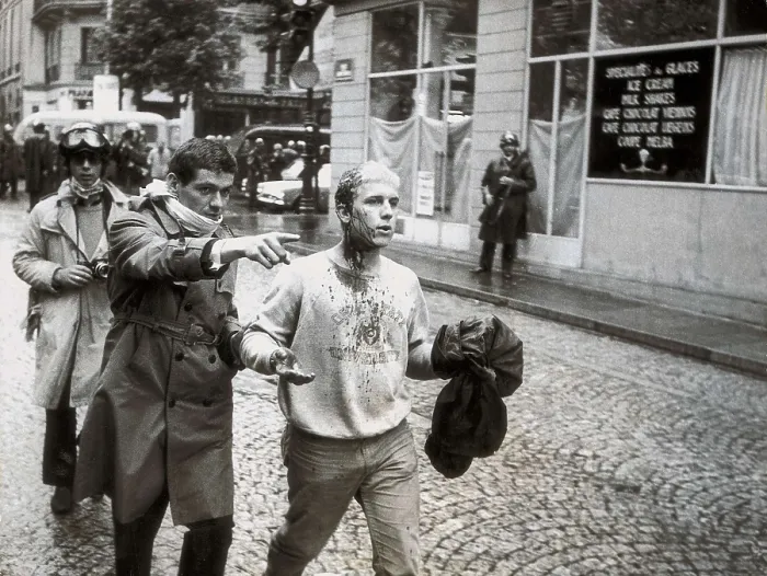 Framed Print : Paris. May 68. Wounded young going towards an ambulance after the incidents in the Latin Quarter, caused by the student eviction in the Sorbonne